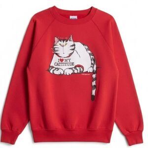 Vintage 1992 Cat Graphic Sweatshirt Red Catitude Crewneck Pannill Hanes L
